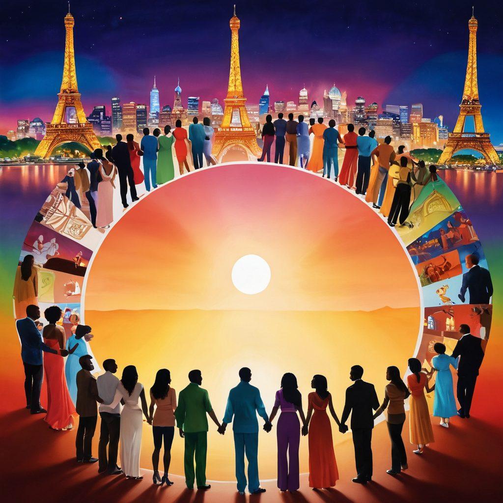 A vibrant and diverse circle of couples from different cultures engaging in loving embraces and playful interactions, symbolizing intimacy and passionate connections. The background features iconic global landmarks subtly blended to represent unity in diversity. Soft, warm lighting creates an inviting atmosphere, enhancing the theme of empowerment in sexuality. super-realistic. vibrant colors. soft focus.