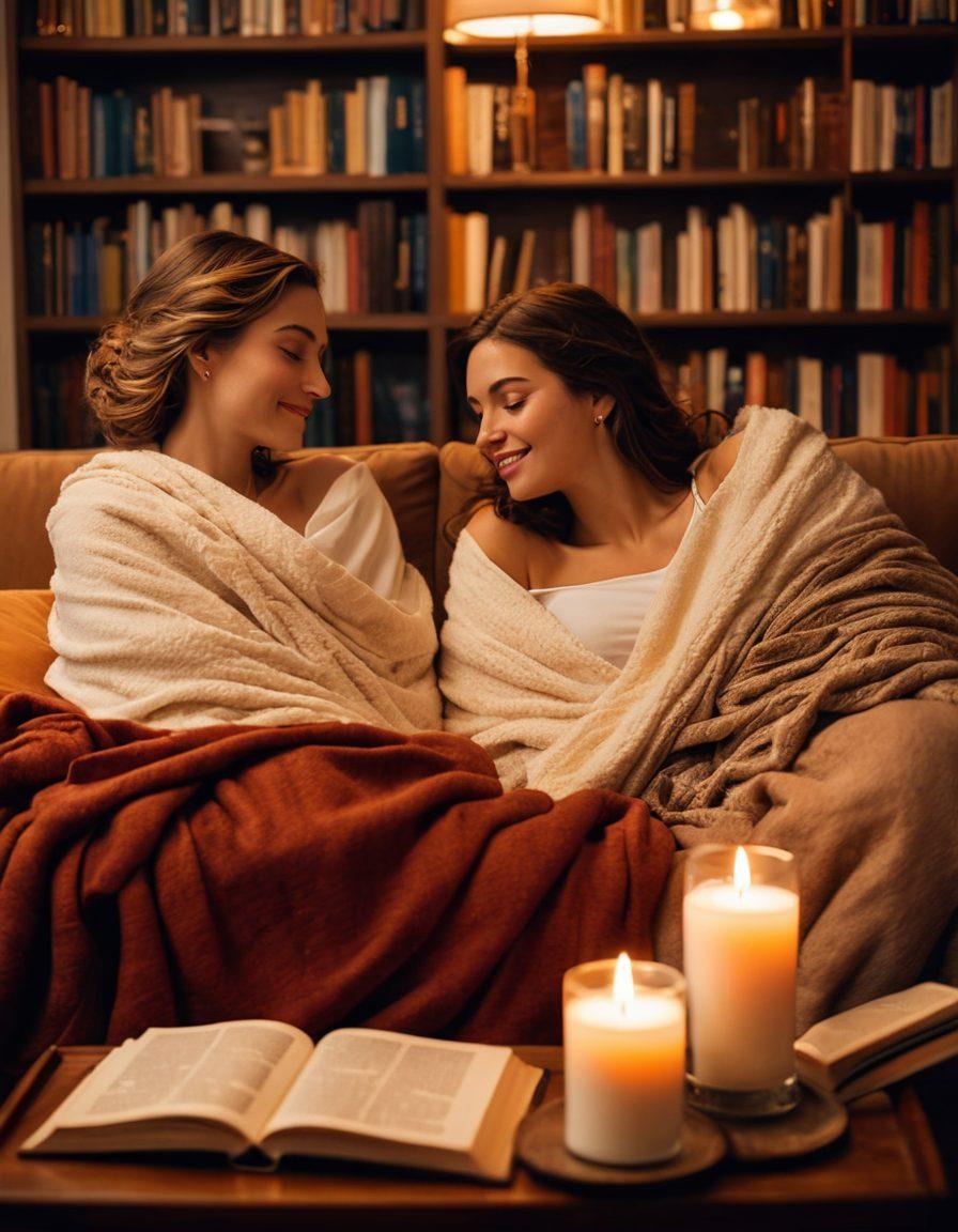 A warm, inviting scene of two individuals sitting closely on a cozy sofa, engaged in an intimate conversation, with soft lighting and elegant decor that radiates passion and connection. In the background, a bookshelf filled with relationship advice books adds depth to the setting, while gentle touches like intertwined hands and eye contact emphasize their bond. Romantic elements like candles and a soft throw blanket enhance intimacy. super-realistic. warm tones. soft focus.