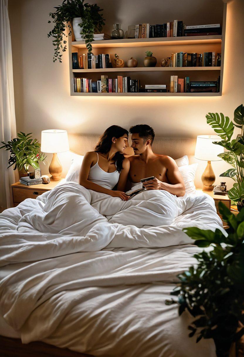 A serene and inviting bedroom scene, with soft, ambient lighting highlighting a cozy bed adorned with luxurious pillows and plush blankets. An elegant couple is engaged in a playful, intimate moment, surrounded by symbolically placed books on sexual wellness and exploration. Incorporate vibrant plants in the background to evoke a sense of openness and growth. Paint the scene with warm hues to create a comforting atmosphere. super-realistic. vibrant colors. soft focus.